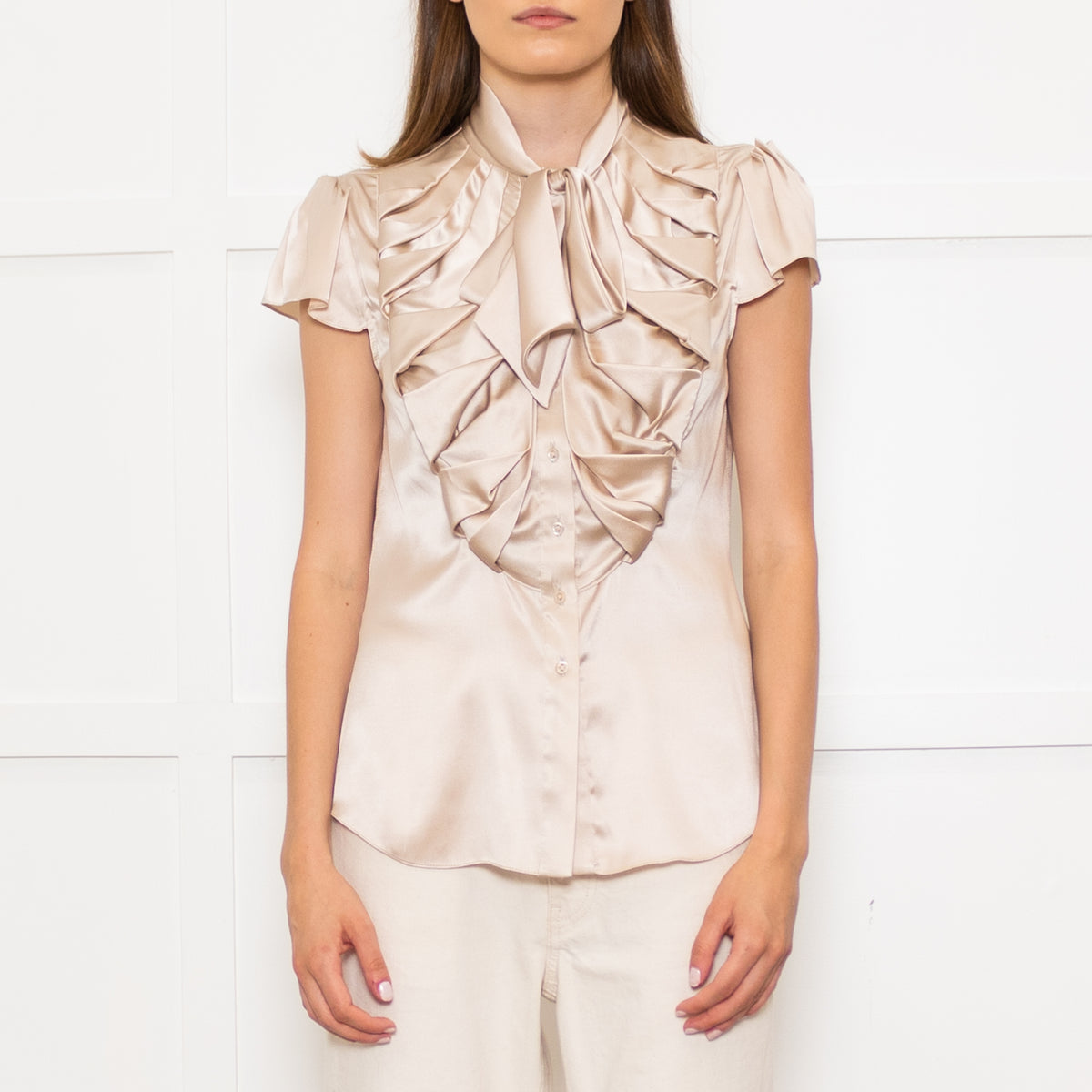 Zac Posen Light Gold Silk Origami Pleated Front Tie Neck Blouse