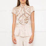 Zac Posen Light Gold Silk Origami Pleated Front Tie Neck Blouse