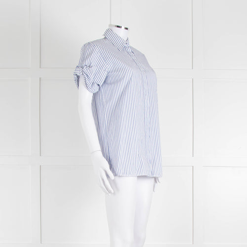 Victoria by Victoria Beckham Cotton Shirt with Blue Micro Stripes and Knot Sleeve Detail