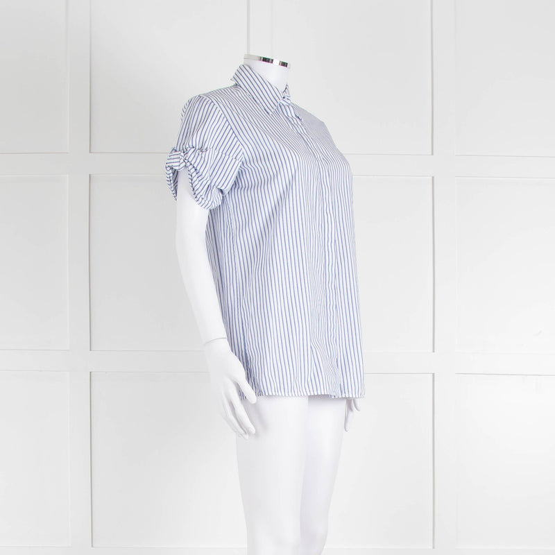 Victoria by Victoria Beckham Cotton Shirt with Blue Micro Stripes and Knot Sleeve Detail