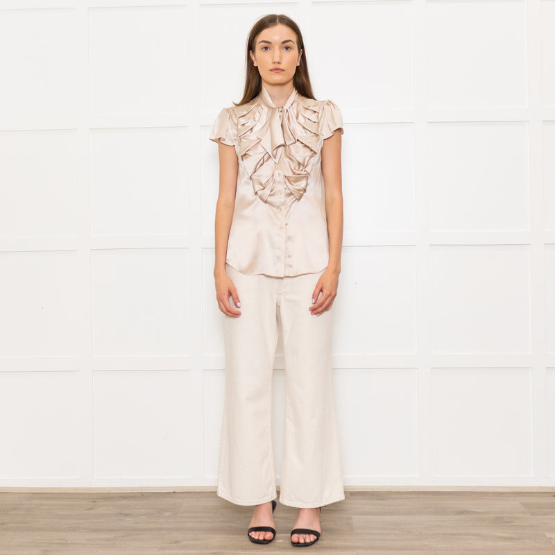 Zac Posen Light Gold Silk Origami Pleated Front Tie Neck Blouse