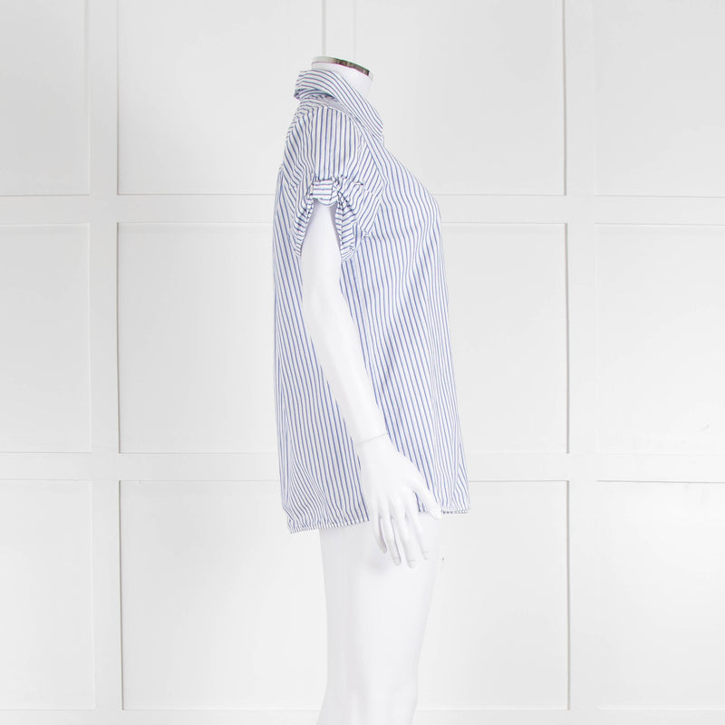 Victoria by Victoria Beckham Cotton Shirt with Blue Micro Stripes and Knot Sleeve Detail