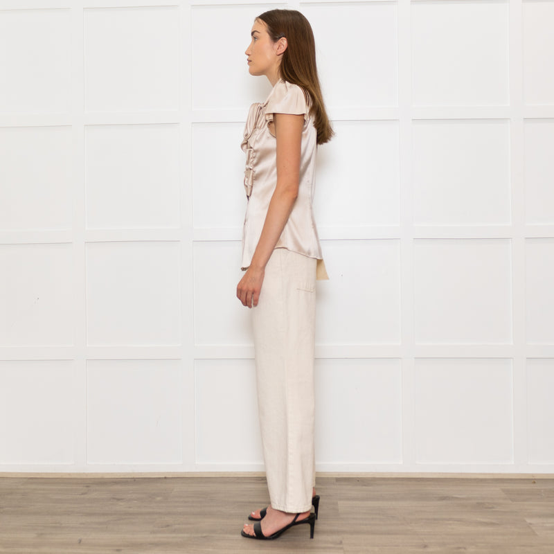 Zac Posen Light Gold Silk Origami Pleated Front Tie Neck Blouse