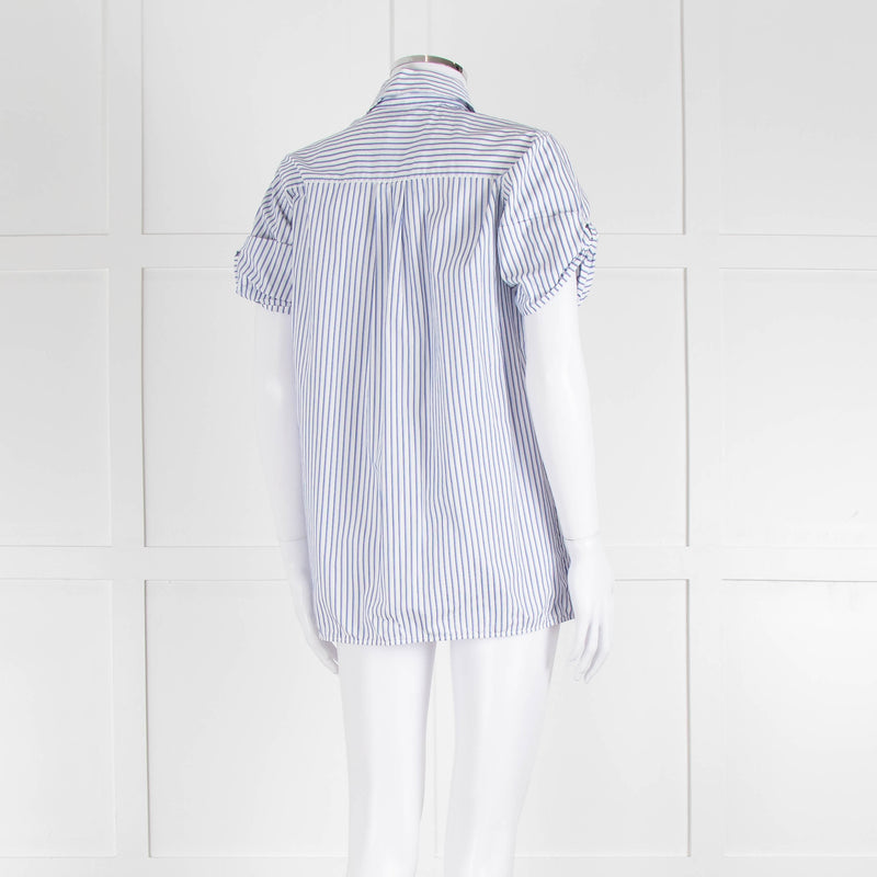 Victoria by Victoria Beckham Cotton Shirt with Blue Micro Stripes and Knot Sleeve Detail