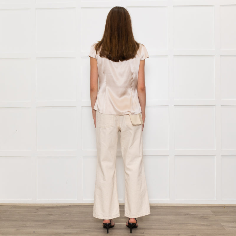 Zac Posen Light Gold Silk Origami Pleated Front Tie Neck Blouse
