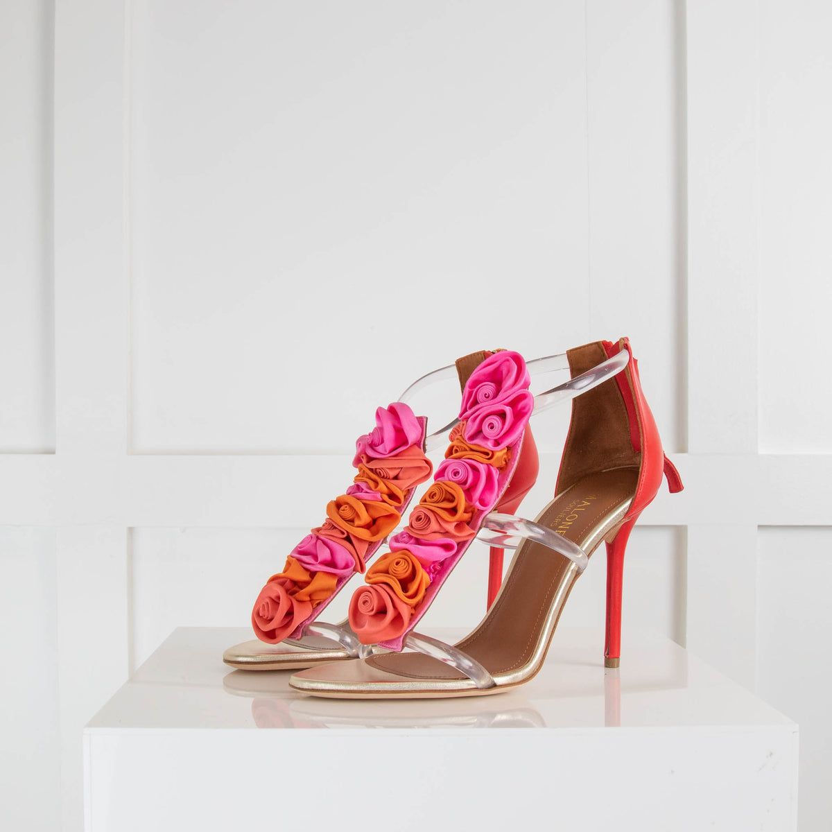 Malone Souliers Pink Red Clear Strap Fabric Flower Heels