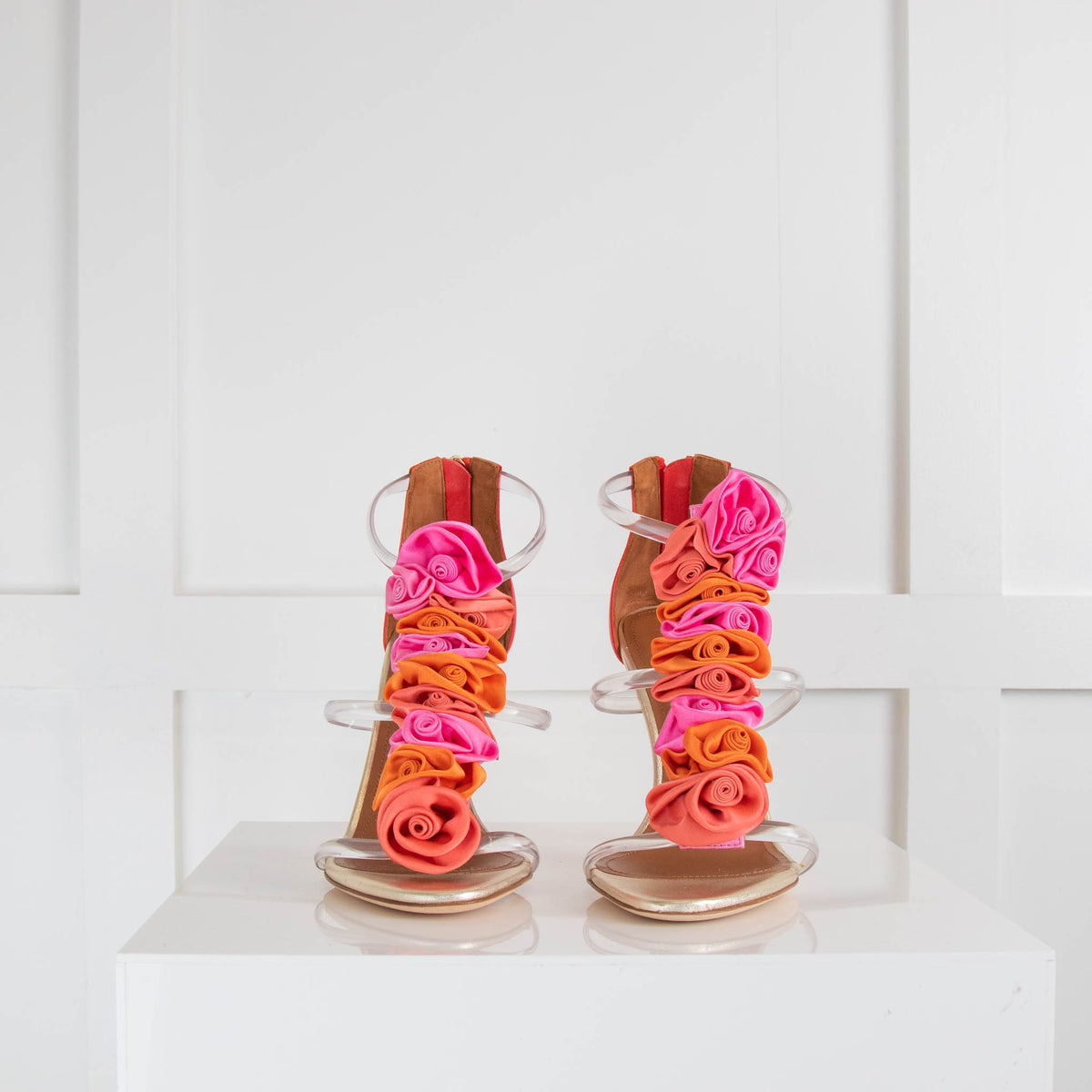 Malone Souliers Pink Red Clear Strap Fabric Flower Heels