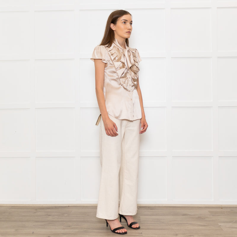 Zac Posen Light Gold Silk Origami Pleated Front Tie Neck Blouse