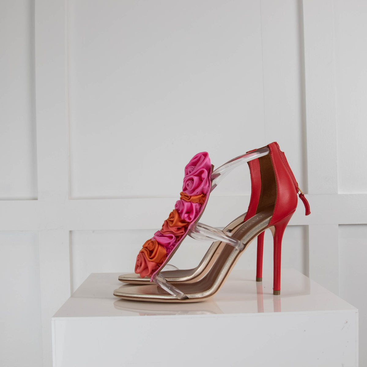 Malone Souliers Pink Red Clear Strap Fabric Flower Heels
