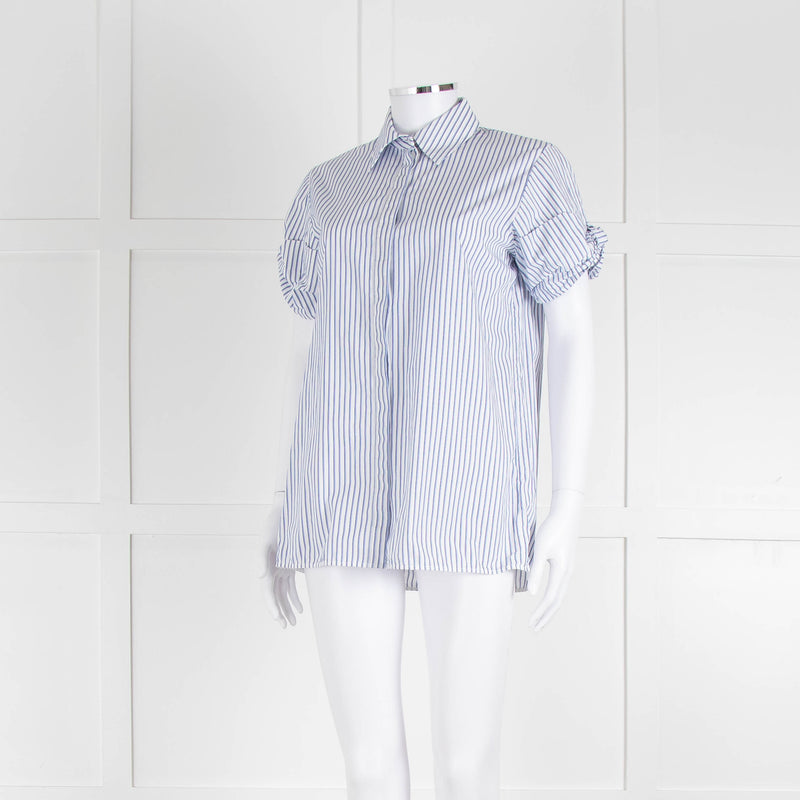 Victoria by Victoria Beckham Cotton Shirt with Blue Micro Stripes and Knot Sleeve Detail