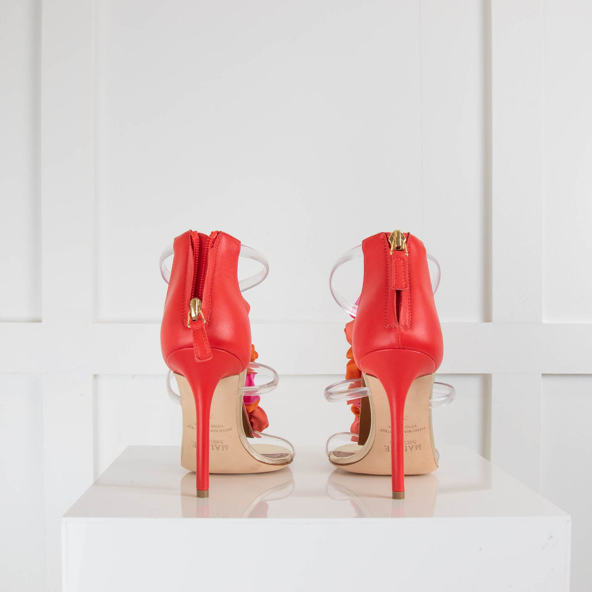 Malone Souliers Pink Red Clear Strap Fabric Flower Heels
