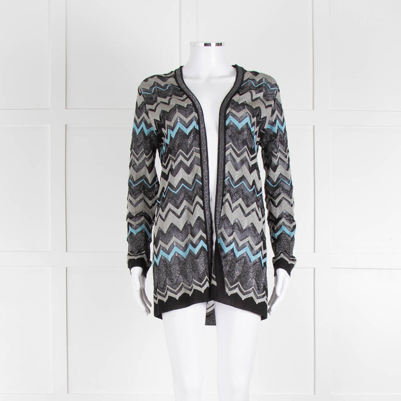Missoni Black Turquoise Blue And Silver Chevron Open Cardigan