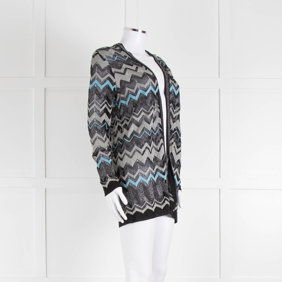 Missoni Black Turquoise Blue And Silver Chevron Open Cardigan