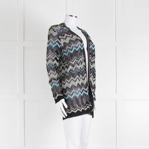Missoni Black Turquoise Blue And Silver Chevron Open Cardigan