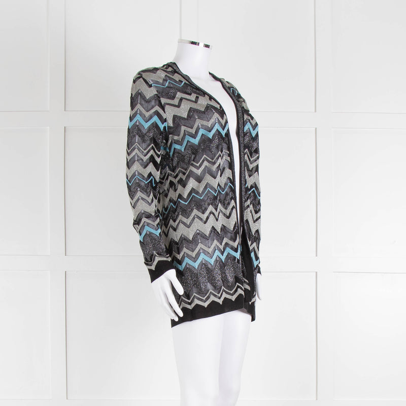 Missoni Black Turquoise Blue And Silver Chevron Open Cardigan