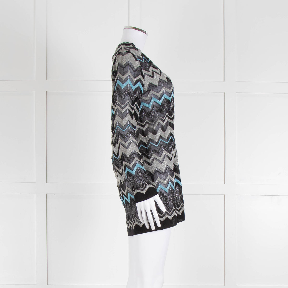 Missoni Black Turquoise Blue And Silver Chevron Open Cardigan