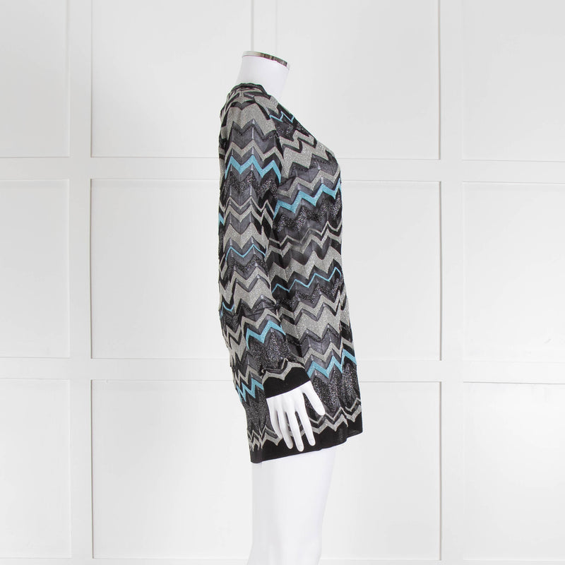 Missoni Black Turquoise Blue And Silver Chevron Open Cardigan