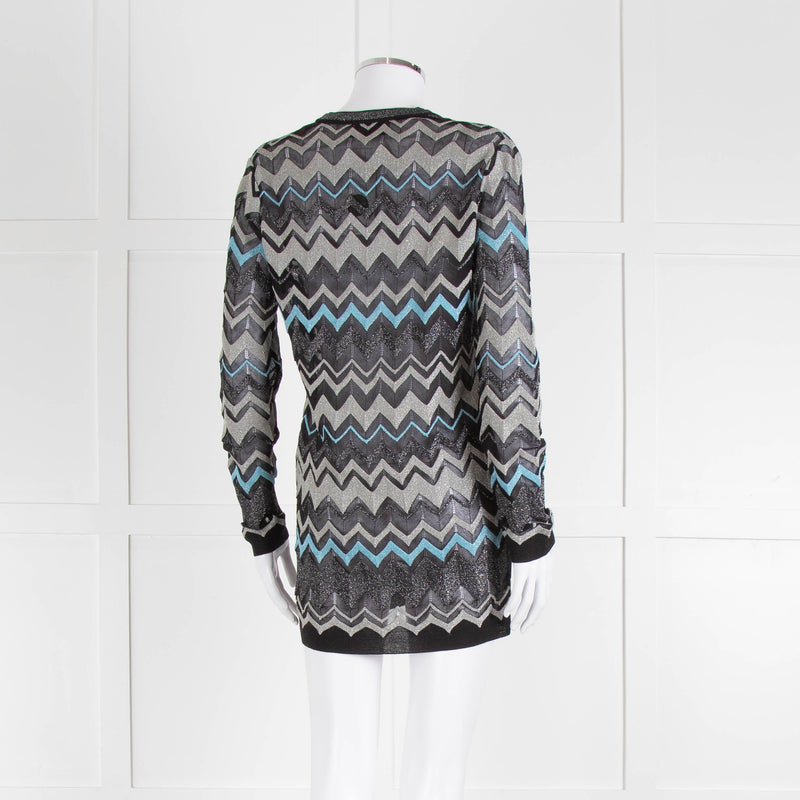 Missoni Black Turquoise Blue And Silver Chevron Open Cardigan