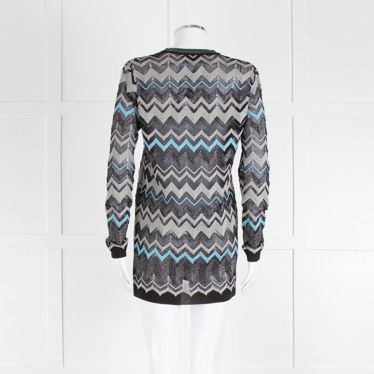 Missoni Black Turquoise Blue And Silver Chevron Open Cardigan