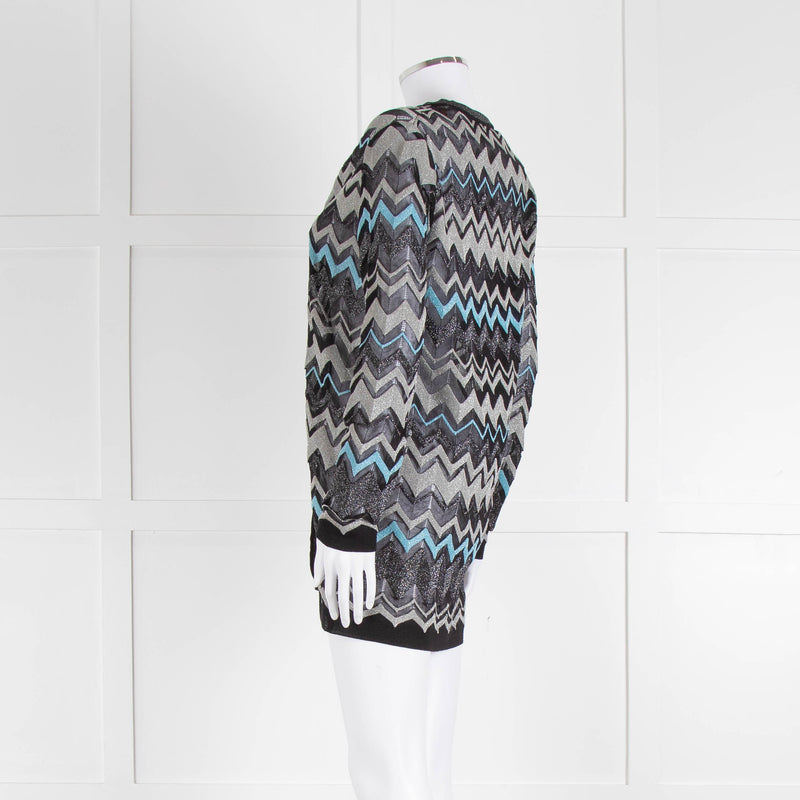 Missoni Black Turquoise Blue And Silver Chevron Open Cardigan
