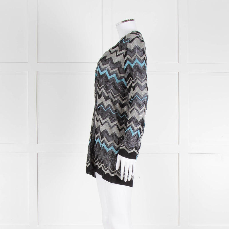Missoni Black Turquoise Blue And Silver Chevron Open Cardigan