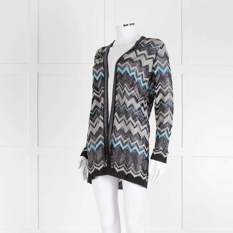 Missoni Black Turquoise Blue And Silver Chevron Open Cardigan