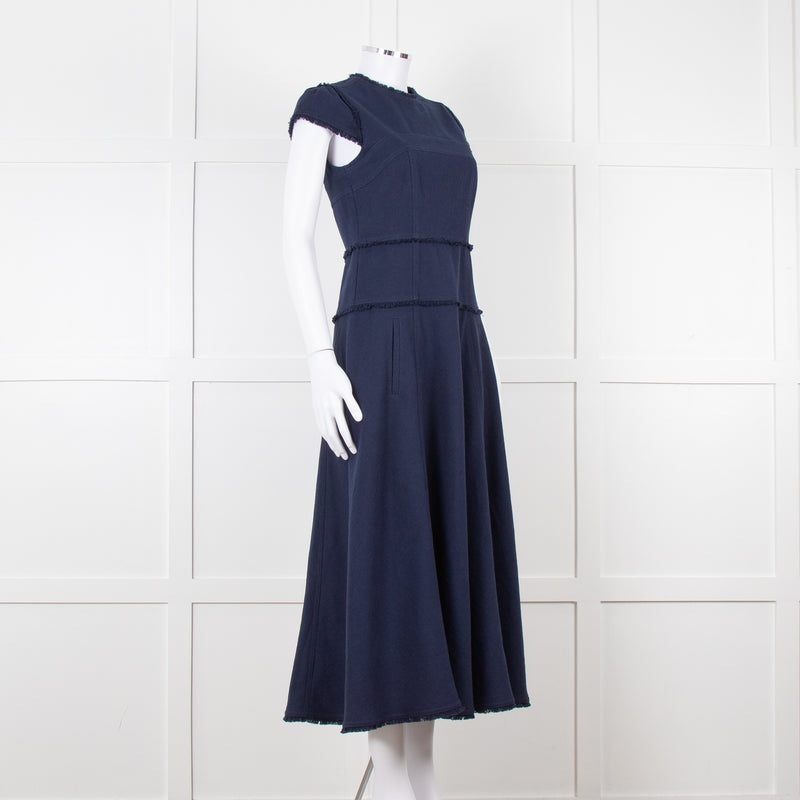 Me + Em Navy Woven Raw Edge Tailored Midi Dress