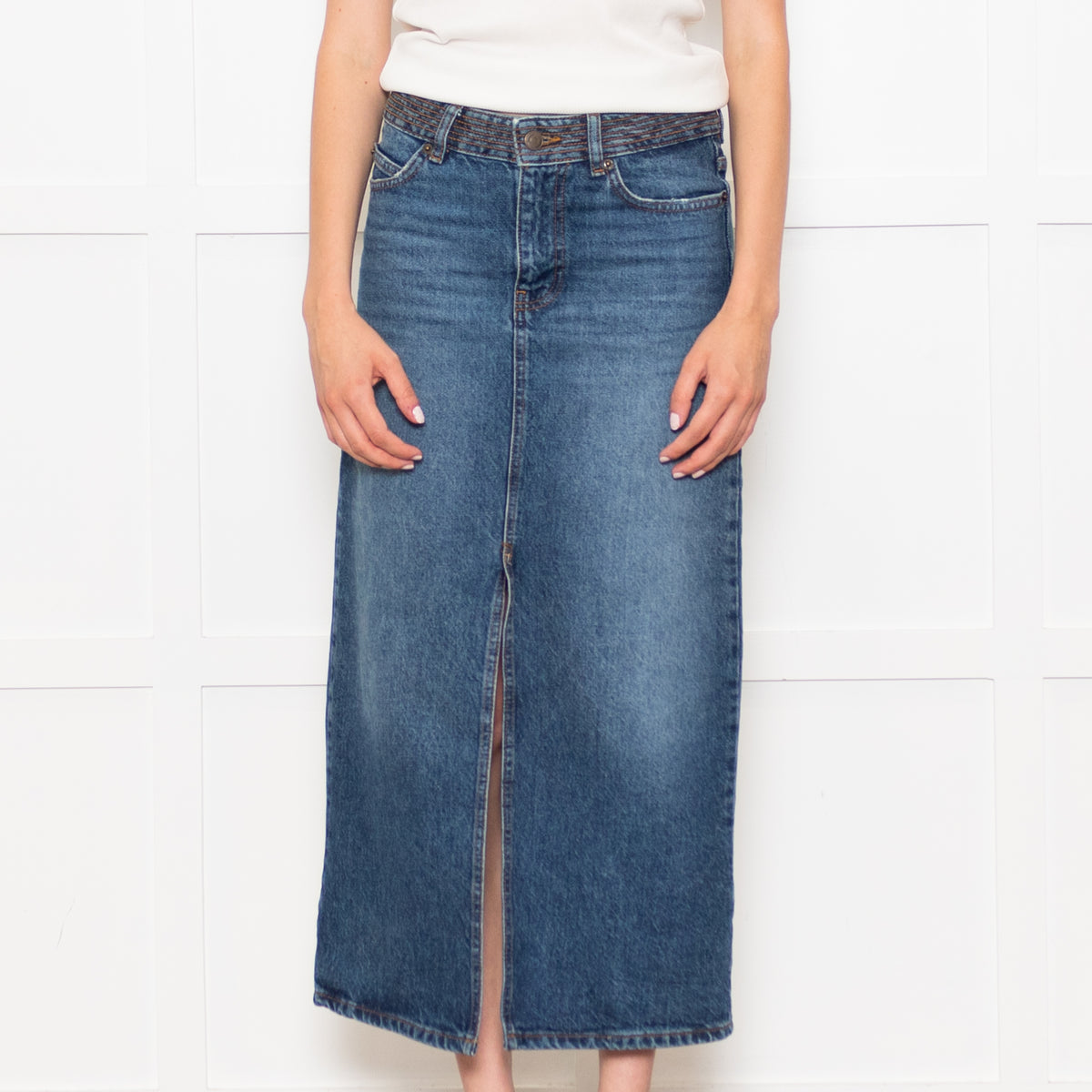 Ba&Sh Blue Denim Pencil Midi Skirt