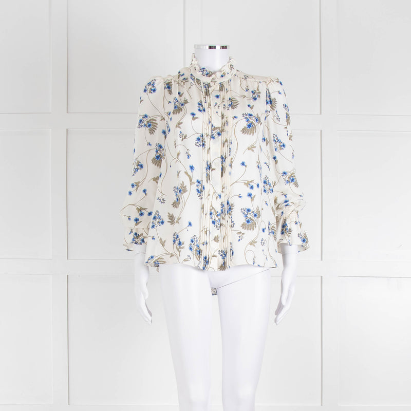 Me + Em Cream Blouse with Frill Neck and Blue Floral Print