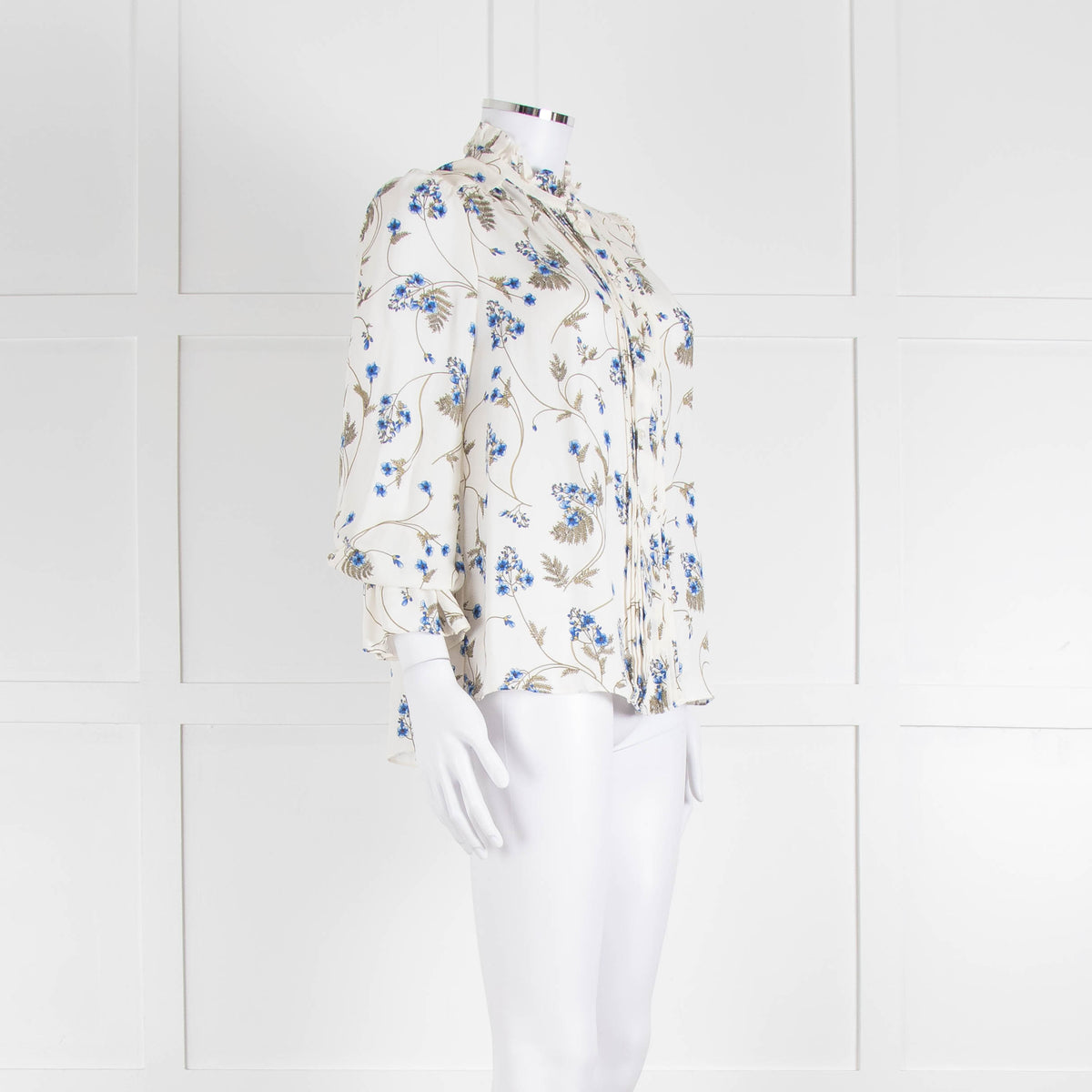 Me + Em Cream Blouse with Frill Neck and Blue Floral Print