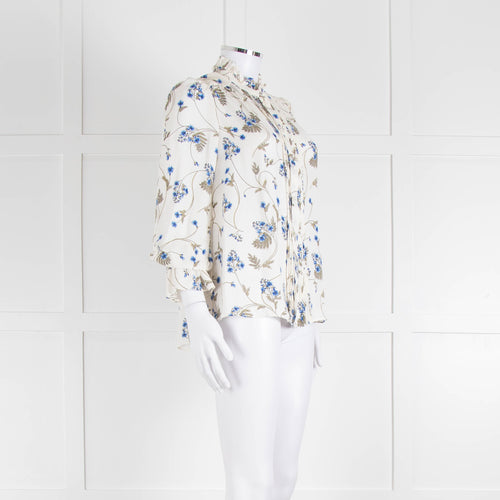 Me + Em Cream Blouse with Frill Neck and Blue Floral Print