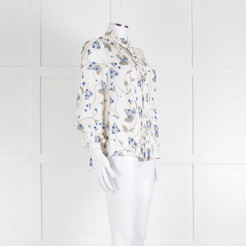 Me + Em Cream Blouse with Frill Neck and Blue Floral Print