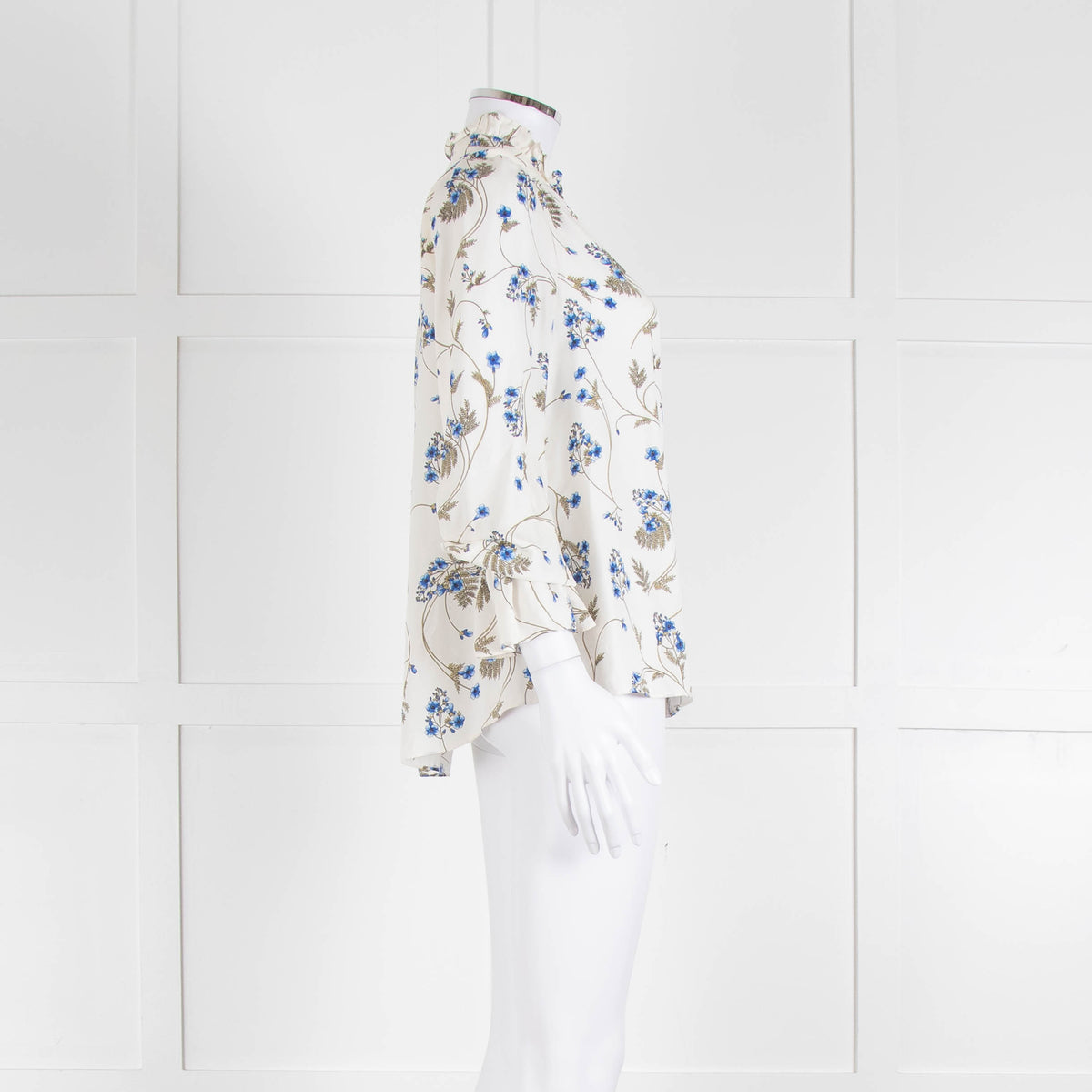Me + Em Cream Blouse with Frill Neck and Blue Floral Print