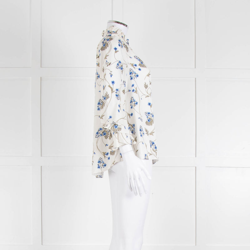Me + Em Cream Blouse with Frill Neck and Blue Floral Print
