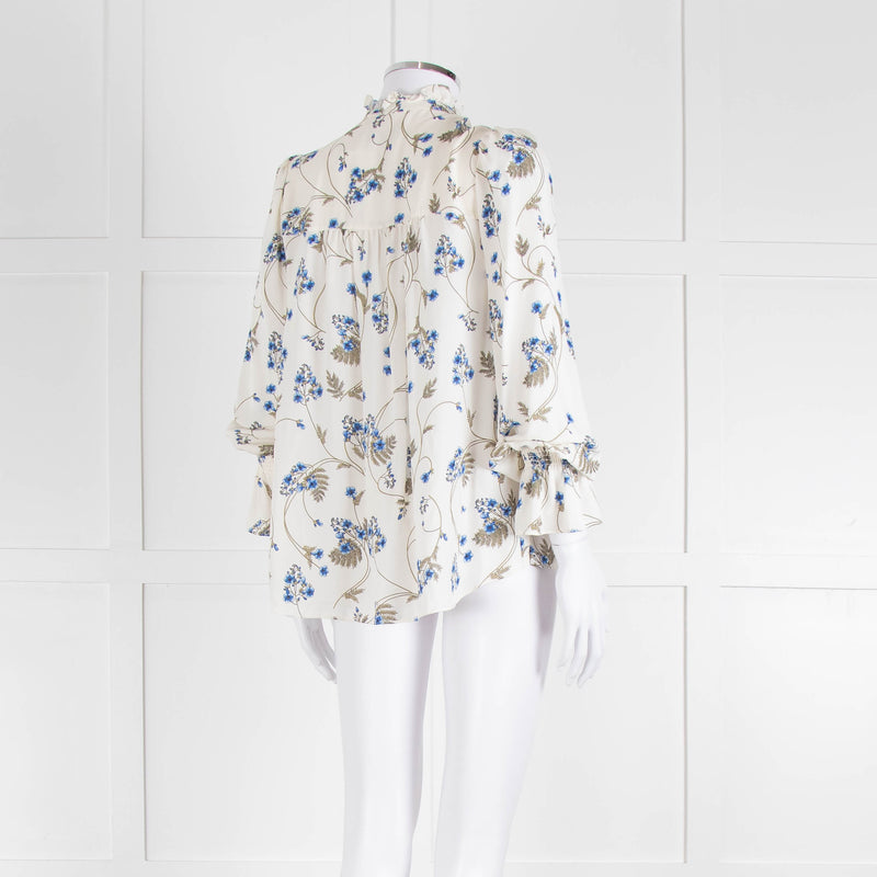 Me + Em Cream Blouse with Frill Neck and Blue Floral Print