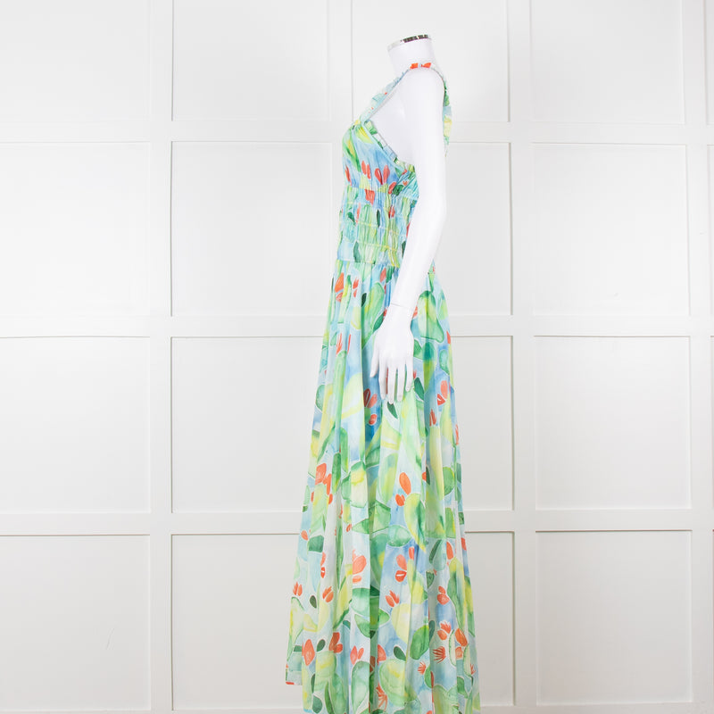 Charo Ruiz Green and Blue Smocked Midi Dress