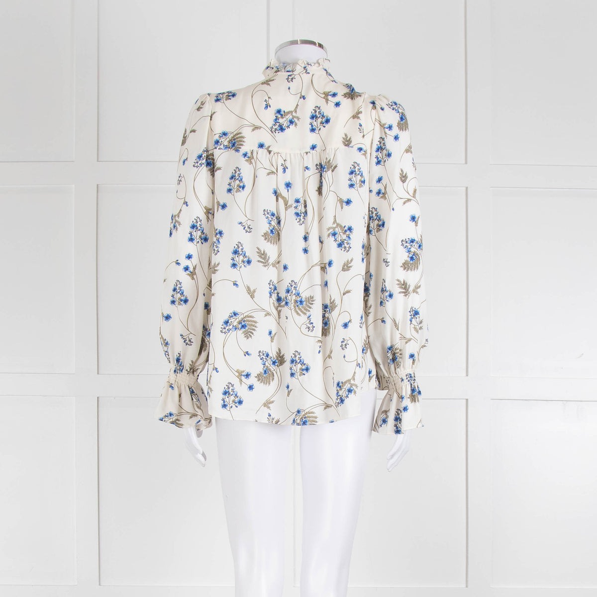 Me + Em Cream Blouse with Frill Neck and Blue Floral Print