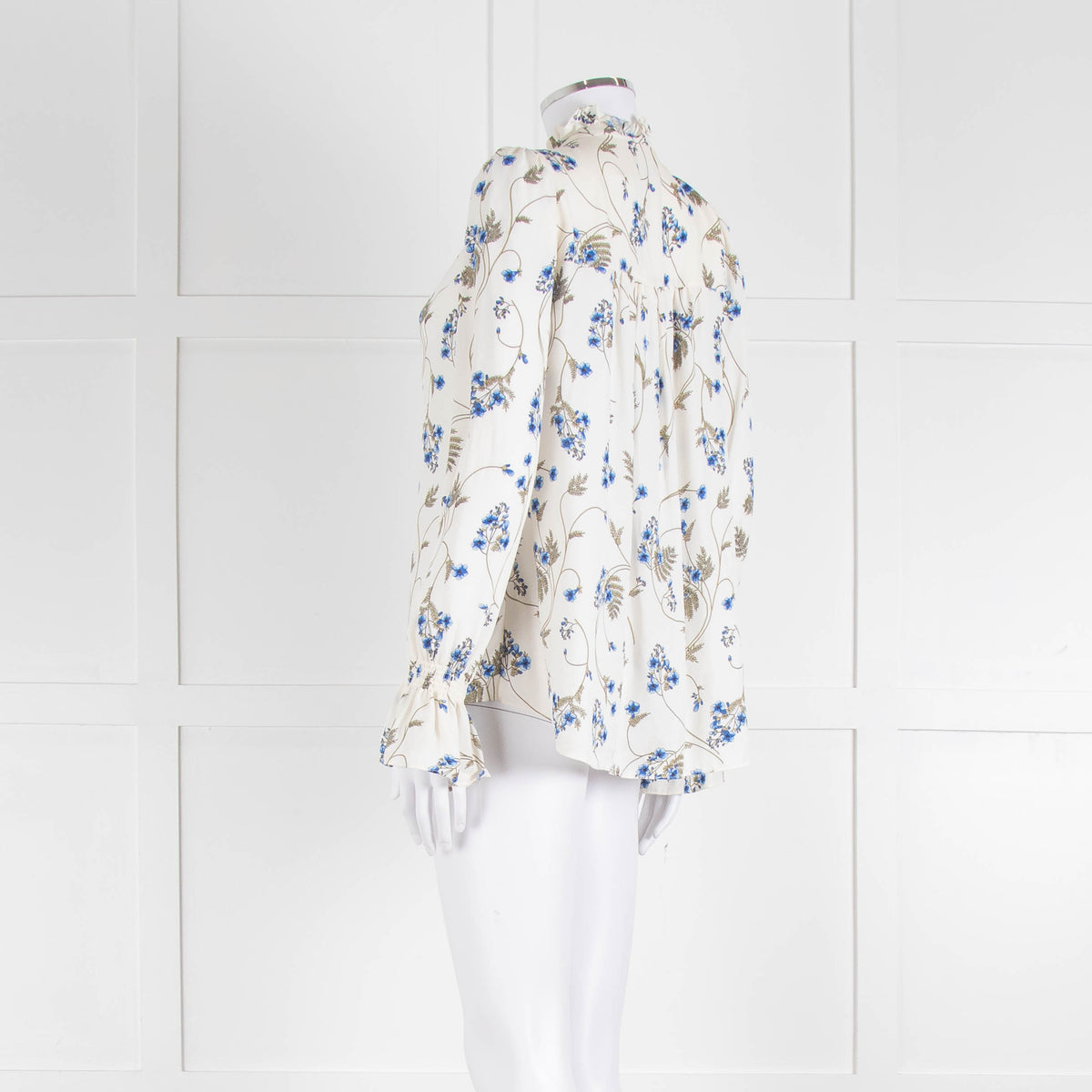Me + Em Cream Blouse with Frill Neck and Blue Floral Print