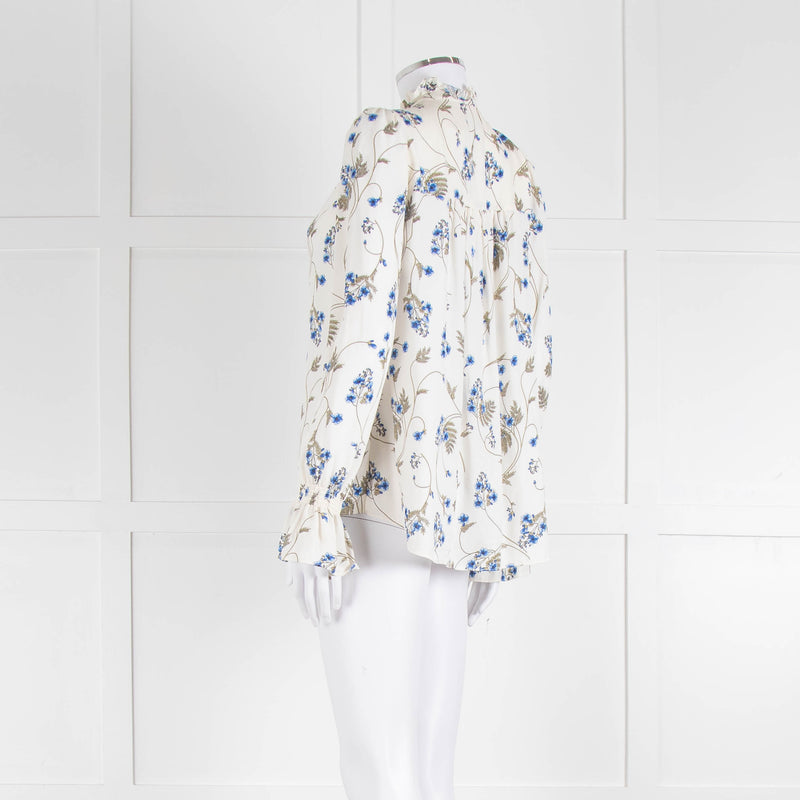 Me + Em Cream Blouse with Frill Neck and Blue Floral Print