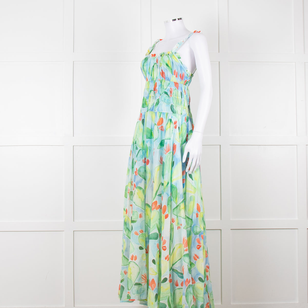 Charo Ruiz Green and Blue Smocked Midi Dress