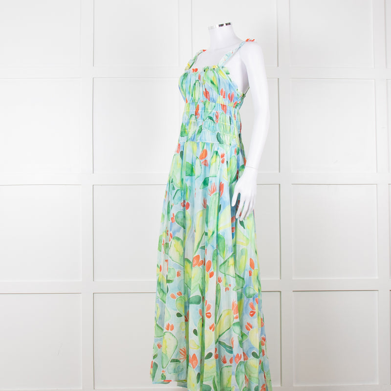 Charo Ruiz Green and Blue Smocked Midi Dress