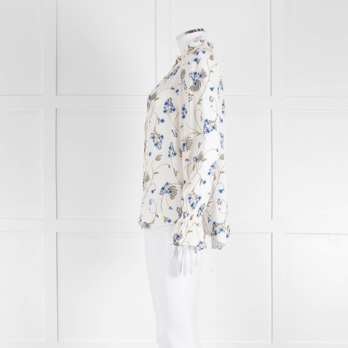Me + Em Cream Blouse with Frill Neck and Blue Floral Print