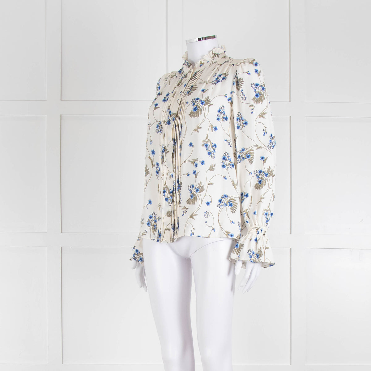 Me + Em Cream Blouse with Frill Neck and Blue Floral Print