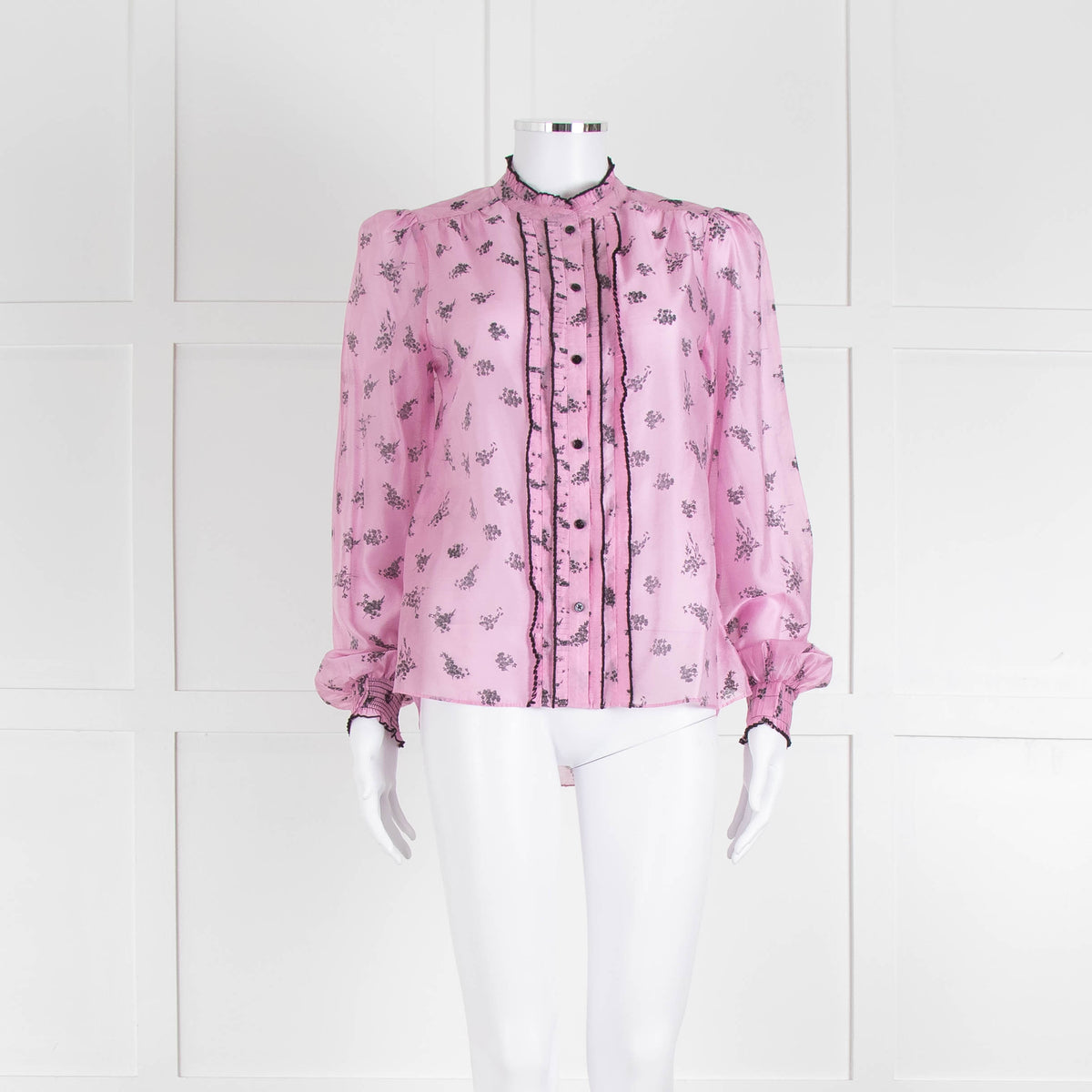 Me + Em Pink Blouse with Frill Neck and Black Floral Print