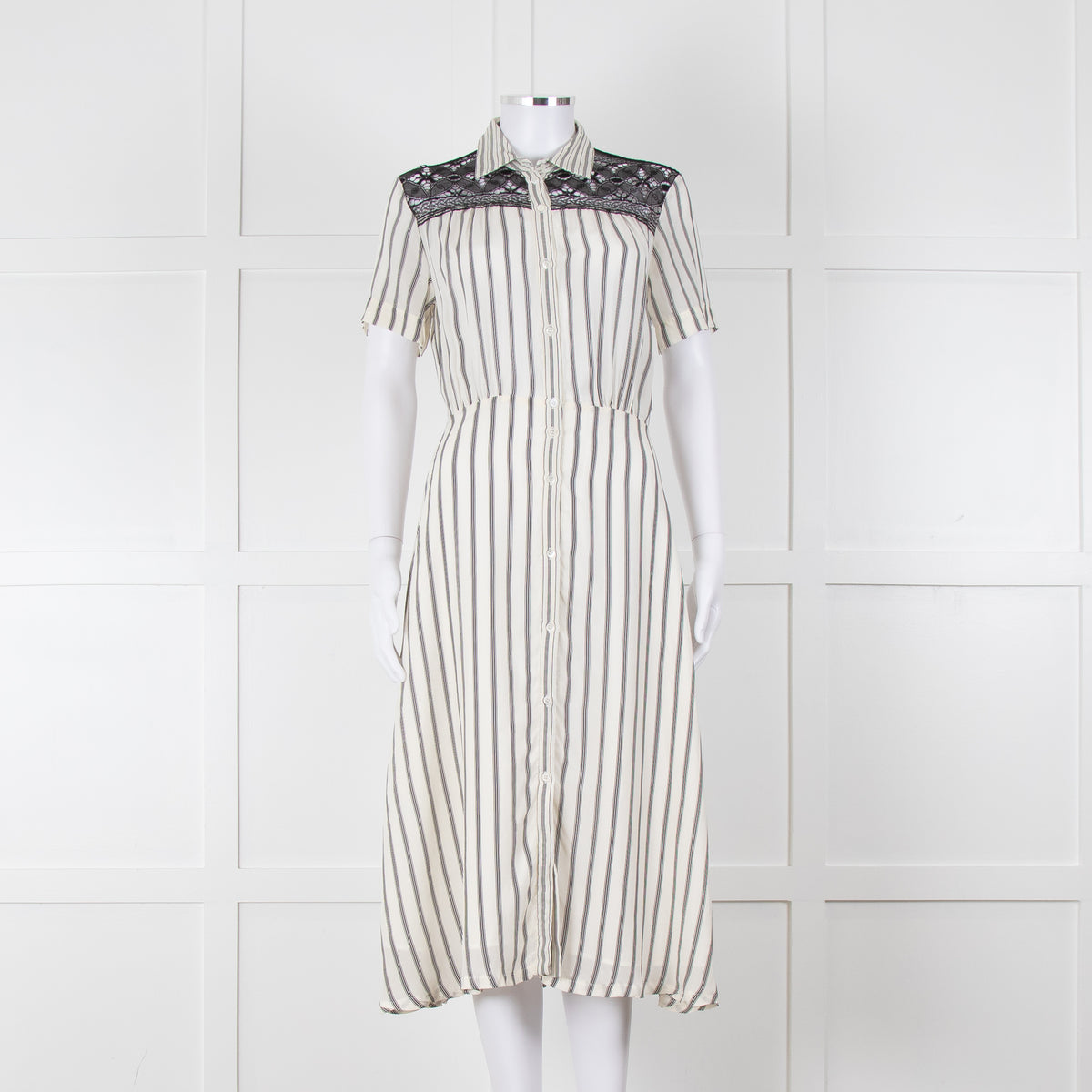 Sandro Cream Black Striped Black Lace Detail Short Sleeve Dress