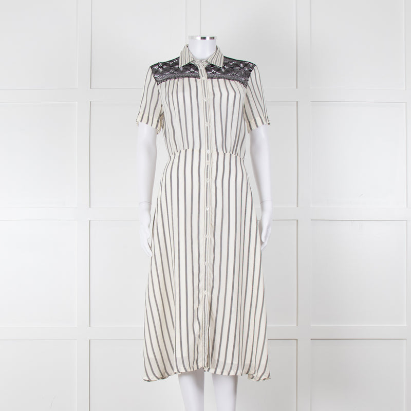 Sandro Cream Black Striped Black Lace Detail Short Sleeve Dress