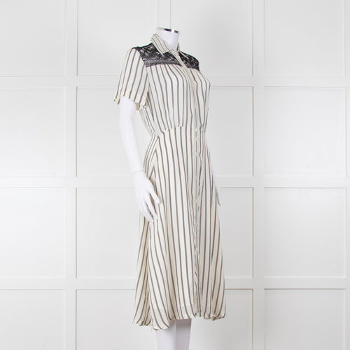 Sandro Cream Black Striped Black Lace Detail Short Sleeve Dress