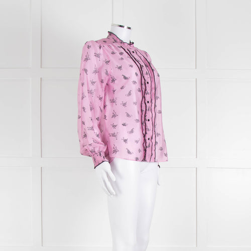 Me + Em Pink Blouse with Frill Neck and Black Floral Print