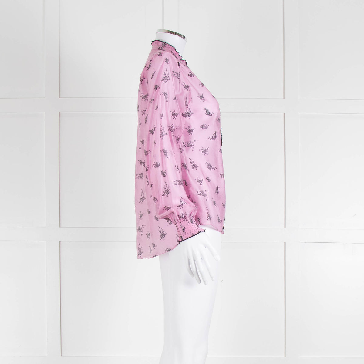 Me + Em Pink Blouse with Frill Neck and Black Floral Print