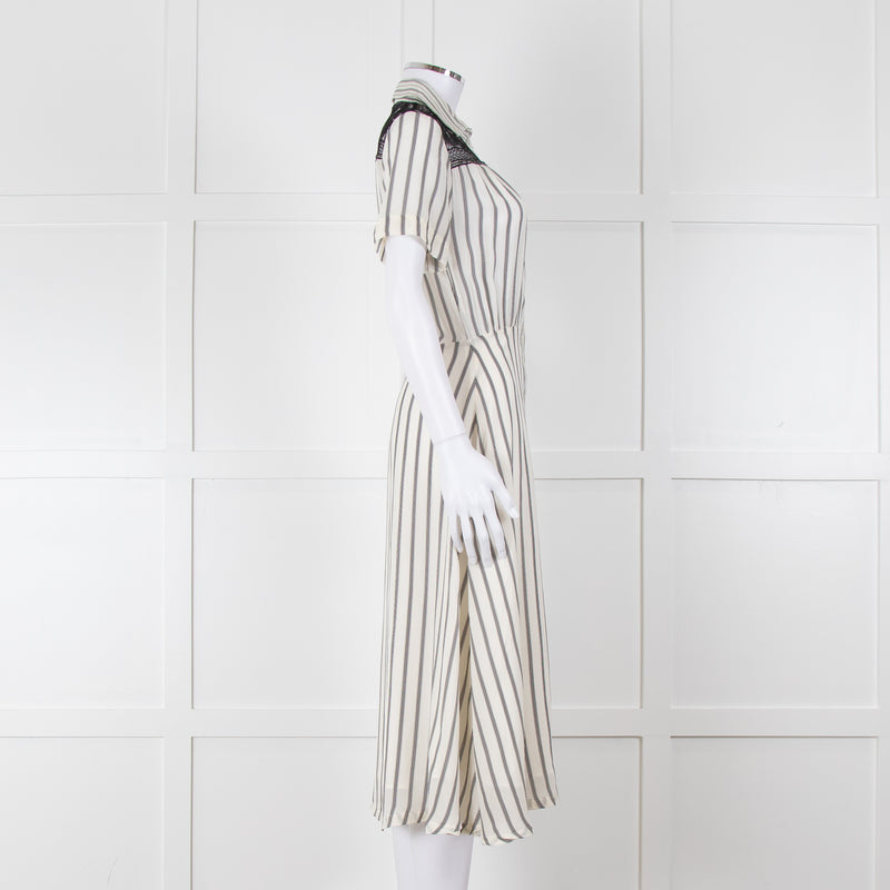 Sandro Cream Black Striped Black Lace Detail Short Sleeve Dress